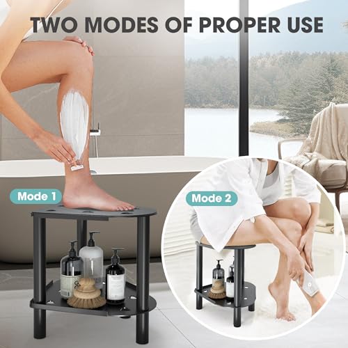 Image of Heart Shaped Shower Stool for Inside Shower, Small Corner Shower Stool with Storage Tray, Bath Seat for Seniors Adults, Durable Metal Shower Chair for Shaving Legs, Black