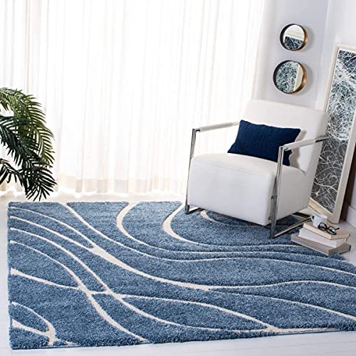 Image of Geometric Wave Shaggy Rectangular Carpet For Living Room,Bedroom,High Low Design Finish Microfiber 1.8 Inch Pile High,6X9 Feet Royal Blue|Ivory Color