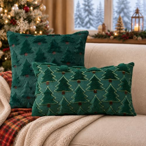 Image of Allorry Christmas Pillow Covers 12x20 inch Set of 2 Christmas Decorations Soft Plush Faux Fur Wool Green Christmas Tree Throw Pillow Cases Winter Holiday Decor for Sofa Living Room PT-012A12