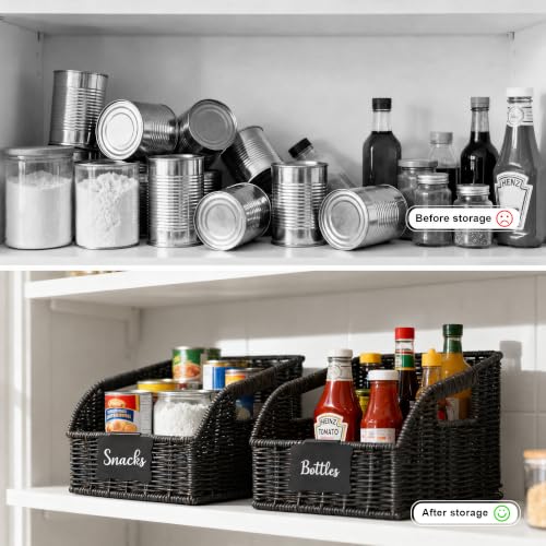 Image of Brownlily Wicker Pantry Storage Baskets with Chalkboard,Handwoven Baskets for Organizing with Built-in Handles, All-Purpose Storage Baskets for Shelves, Laundry Room, Black - Single Set (3-Piece)