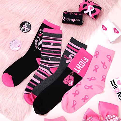 10 Pairs Breast Cancer Awareness Pink Ribbon Crew Socks for Women, Pink Ribbon Sports Socks for Cancer Gifts4