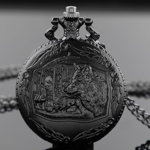 Image of Tiong Vintage Pocket Watch Engraved Cowboy Skull Wolf 3D Pattern Arabic Numerals Quartz Pocket Watch with Chain Best Gifts