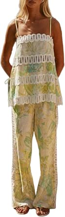 THLAI Womens 2 Piece Outfits Printed Linen Sexy Sleeveless Camisole Pants Set Outfits For Going Out