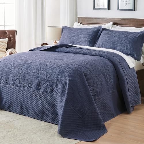 Qucover Oversized King Bedspread 128x120, Soft Microfiber King Size Bedspread Oversized, 3 Piece Ultrasonic Quilting Persian Pattern California King Quilt Set, Navy Blue
