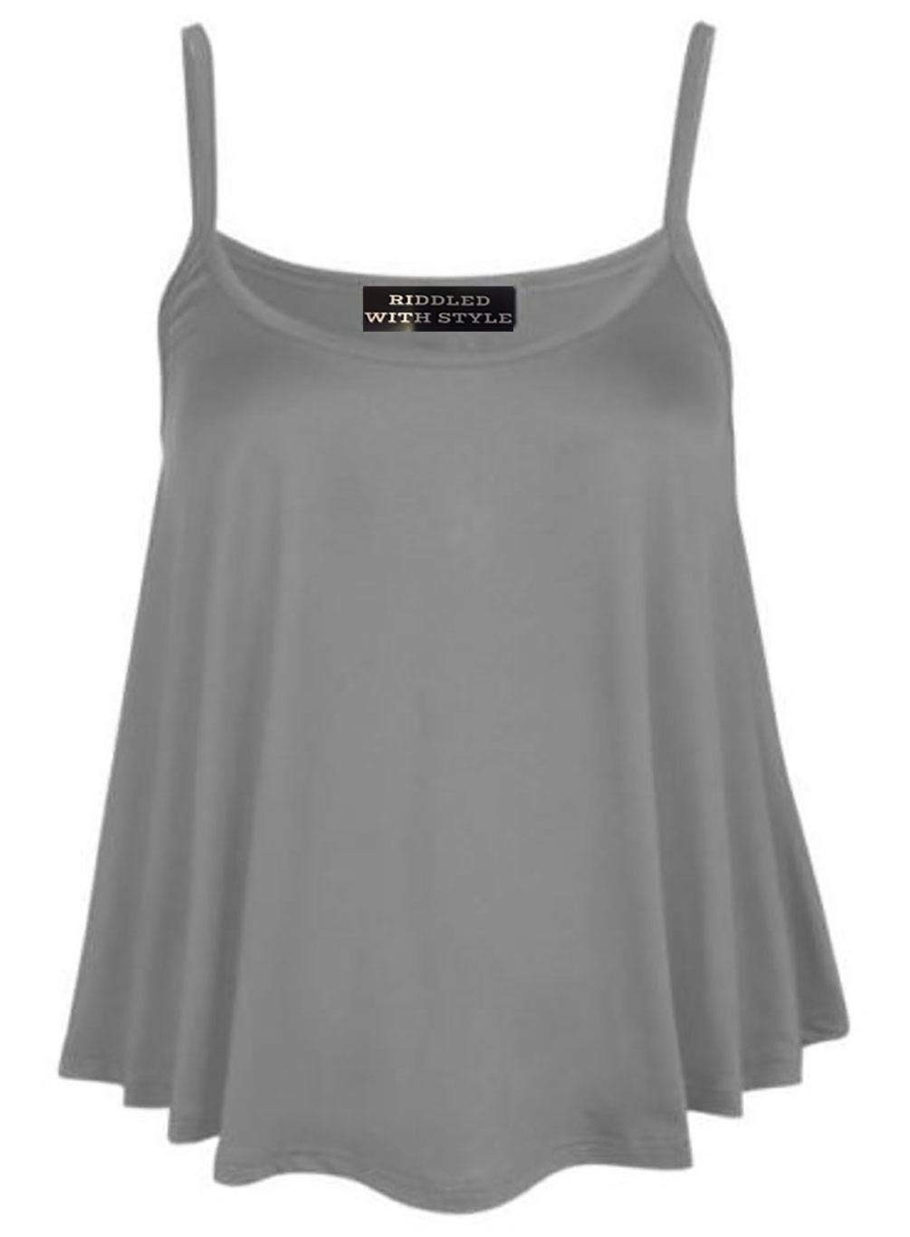 21Fashion Women's Grey Plain Cami Swing Vest Sleeveless Top Strappy Flared Cami Vest Top Plus Size