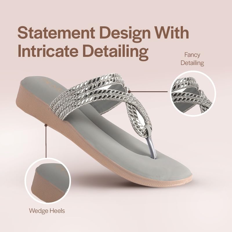 Image of FAUSTO Women T-Strap Slip On Ethnic Sandals with Rhinestone Strap | Wedge Ortho Slip-On Slippers | Perfect for Wedding, Festive Outfits