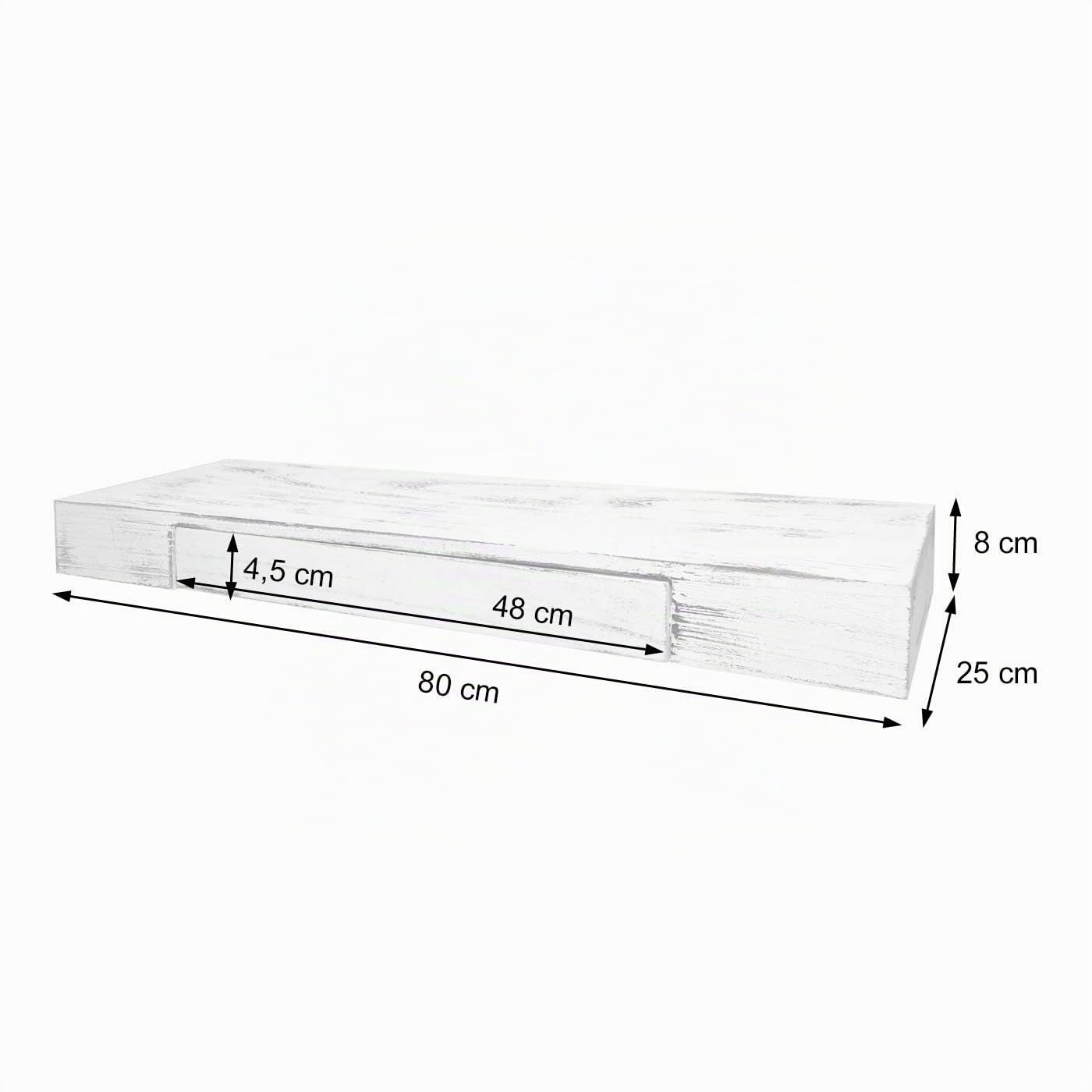 Mendler Estantería de pared HWC-H37 con cajón de madera maciza, 8 x 80 x 25 cm, color blanco | Estantería flotante para pared, estantería colgante