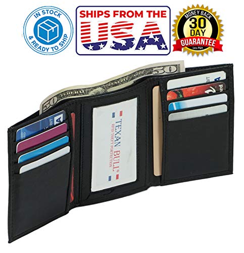 RFID Signal Blocking Trifold Wallets for Men Genuine Cow Leather (Black)4