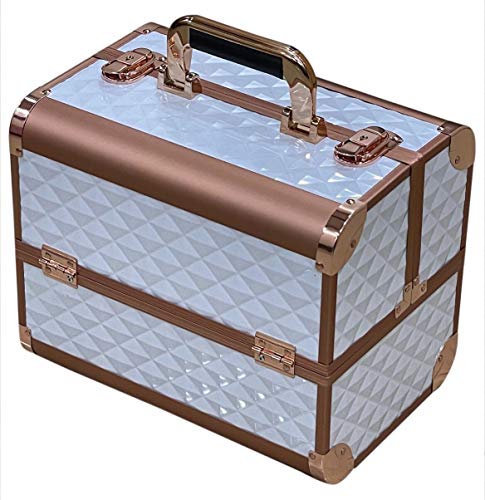 Image of Adson Professional Makeup Box Cosmetics Case Jewelry Organiser Vanity Make Up Storage Box Beauty Train Case Lockable with Keys (White Rose Gold)