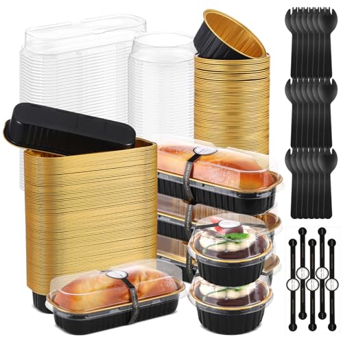 600 Pcs Mini Loaf Pans with Lids and Spoons Sealing Stickers 6.8oz Disposable Aluminum Foil Muffin Baking Pans 5oz Cupcake Cups Cake Containers for Mothers Day Holidays Party Picnics(Black)