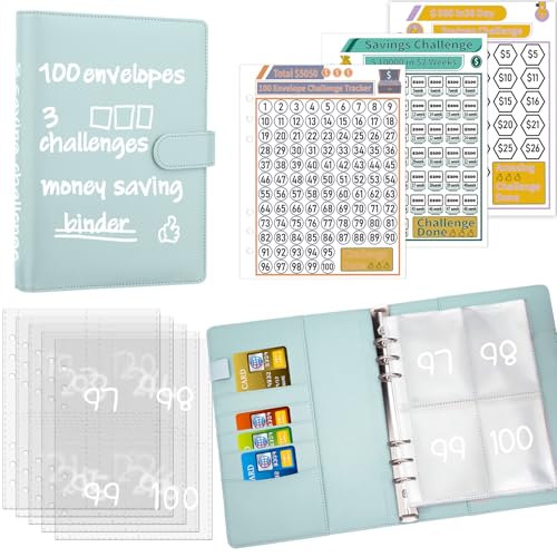 Image of Antner 100 Envelopes Money Saving Challenge Binder, Savings Challenges Book with Envelopes & 3 Challenge Trackers to Save $5,050 and $500 and $10,000, A5 Budget Binder Money Saving Book, Mint Blue