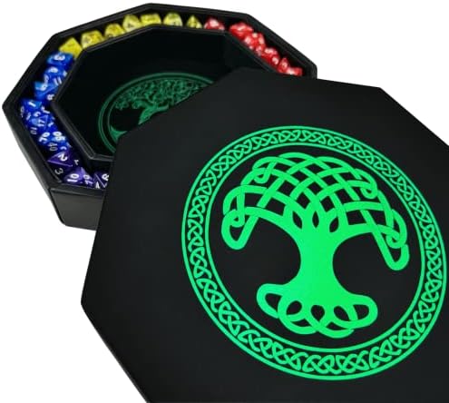Luck Lab 8 Inch Dice Tray – Green - with Lid and Dice Staging Area for RPG Table Top Gaming- Tree of Life Design