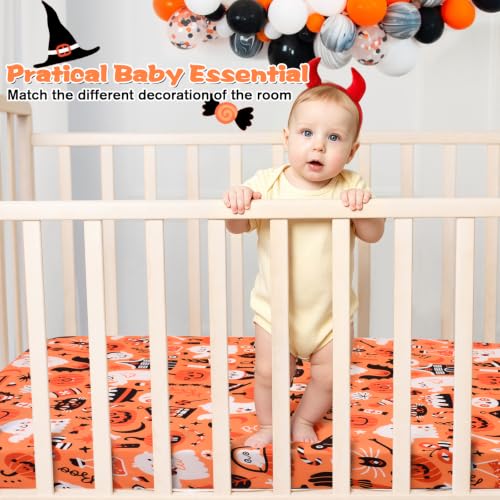 Image of JISEN Halloween Fitted Crib Sheets for Boys Girls 52x28 Inch Pumpkin Ghosts