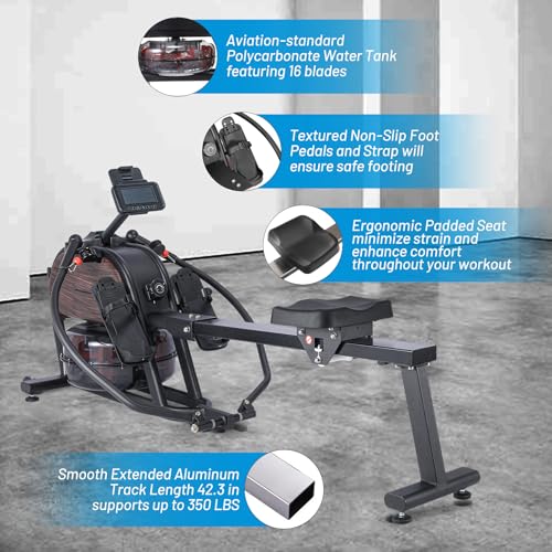 Image of Hipicute Rowing Machine, Magnetic Water Rower Machine for Home, 16 Levels of Quiet Resistance, Extended Slide Rail with Max 350lb Weight Capacity, App Compatible, Full-Body Workout Fitness Rower