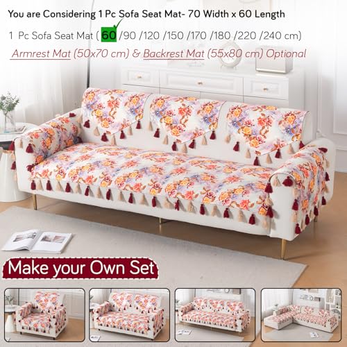 Image of HOKIPO Sofa Cover Mat with Tassel for 1 /2 /3 Seater & L Shape Sofa | DIY Sofa Cover Set | Digital Printed Holland Velvet | 'Whispers of Nature' | 70(W) x 60(L) cm | Vintage Rose Bloom (IN-1117-D12)
