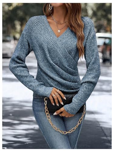 Image of SOLY HUX Women's V Neck Long Sleeve Off Shoulder Sweaters Criss Cross Wrap Ruched Pullover Fall Tops