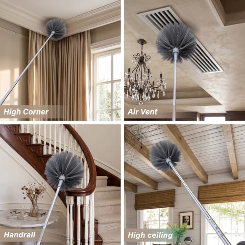 Image of Dishmatic 3 in 1 Long Handle Microfiber Feather Ceiling Duster with Extendable Pole 30-100 Inch with Anti Scratch Bendable Head for Cleaning High Cobweb Stick High Ceiling Fan