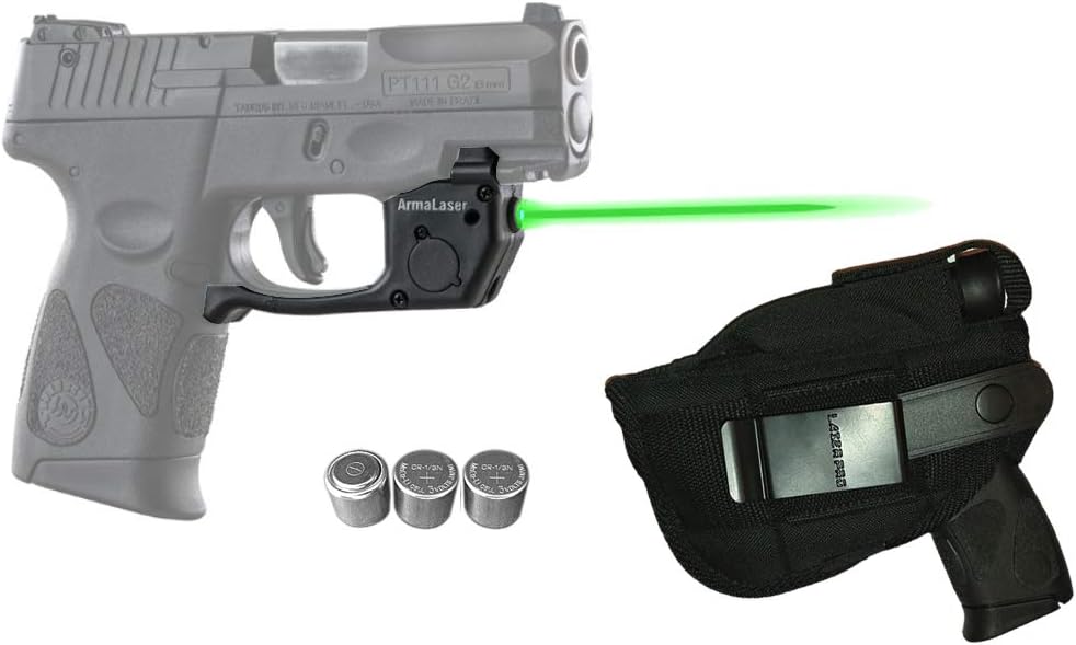 Laser Kit for Taurus® PT111® / PT140® Millennium® G2 / G2S / G2C / G3 / G3c / G3X w/LASERPRO Holster, Touch-Activated ArmaLaser TR23GS / TR23G / TR23-G Green Laser & 2 Extra Batteries
