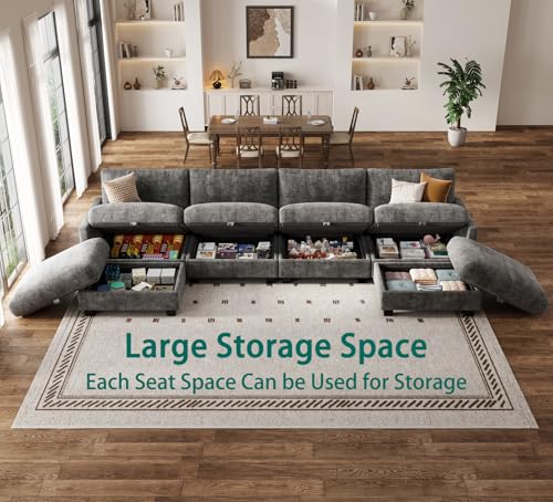 Image of Modular Sectional Sofa, Oversized V-Shaped Couch with Storage | High Resilience Foam, 22 inch Seat Depth, Movable Ottoman, Comfy Chenille, Easy Assembly, Dark Gray