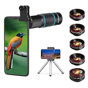 Phone Camera Lens Kit 10 in 1 for iPhone Samsung Pixel Android, 22X Telephoto Lens, 0.62X Super Wide Angle Lens&25X Macro Lens, 235° Fisheye,Kaleidoscopes, Starlight，Tripod，for Most Smartphone Black
