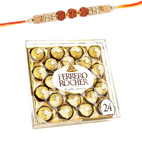 SFU E Com 24 Pieces Ferrero Rocher with Rakhi | Rakhi with Ferrero Rocher Chocolates | Rakhi Chocolate for Brother | Roli, Chawal, Chandan, Misri | 01