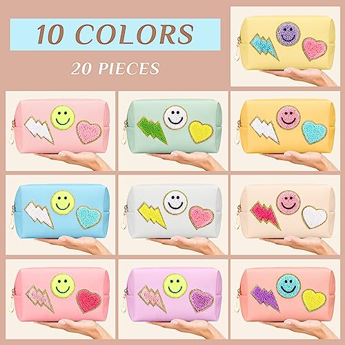 Sanwuta 20 Pcs Preppy Patch Makeup Bag Bulk PU Leather Cosmetic Bags Chenille Letters Organizer Smile Lightning Heart Toiletry Pouch Waterproof Zipper Purse End of the Year Teacher Gifts for Women4