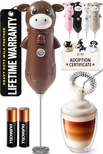 Image of Zulay Kitchen Cow Milk Frother Wand - Cutesy Frother, Meet Your New Frothing Buddy Chocolate The Cow, Adoption Papers and Stickers Included, Purrr-fect for Lattes, Cappuccino & Matcha - Brown
