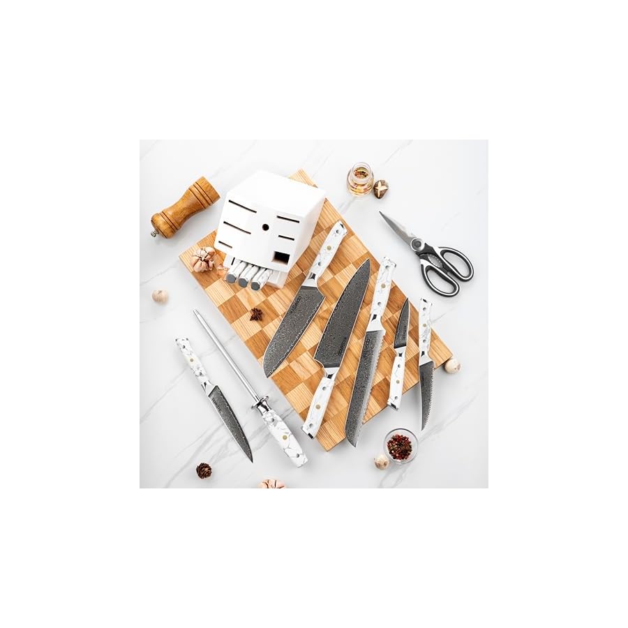 Takoizu 12-Piece VG-10 Damascus Steel Knife Block Set with White Acacia Block