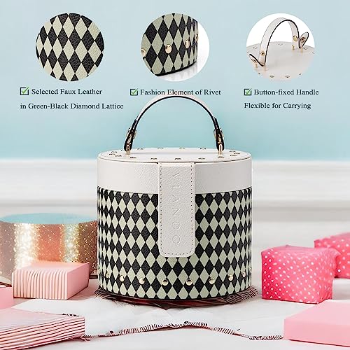 Vlando Travel Jewelry Organizer, Leather Barrel-Shaped Jewelry Box In Green-Black Diamond Lattice, Trip Accessories For Jewelry Organization #TOP1