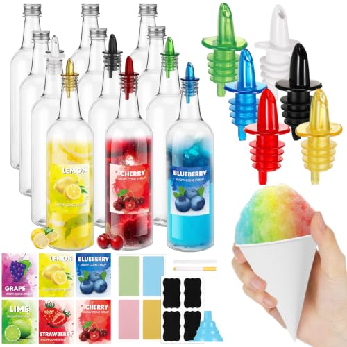 Maxcheck 12 Pcs Plastic Snowcone Syrup Bottles Snow Cone Supplies Empty Plastic Syrup Dispenser with Rainbow Pourer Long Neck Snow Cone Bottles for Summer Party Fruit Store (32 oz)