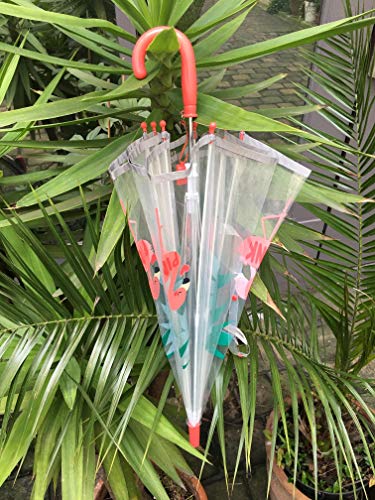 Smartbulle Child Umbrella Transparent Birdcage - Fluorescent Border : Windproof; Diameter=71Cm; Manual Opening; Girl Umbrella; Design: Pink Flamingo #TOP3