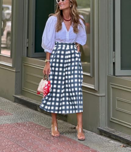 chouyatou Women's Vintage Plaid Checkered A Line Skirt Casual High Waisted Midi Long Skirt with Pockets3