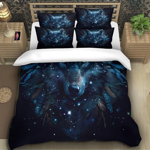 Drap de couette loup bleu 3D 200x200 microfibre 3 pièces