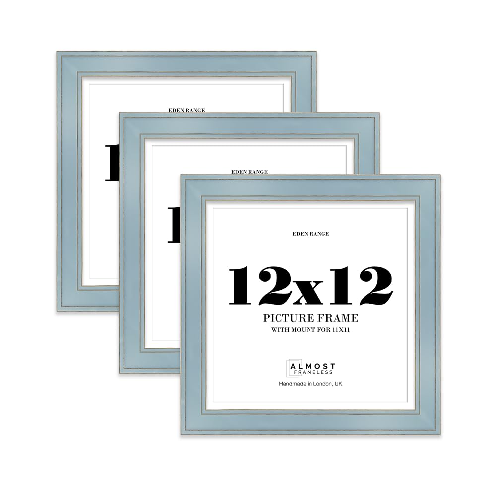 12x12" Cornflower Blue Square Picture Frame with 11x11" Mount - Shabby Chic Photo Frame with Distressed Finish, Gold Trim, Wall Hooks and Kickstand, 37mm Edge - 3 Pack