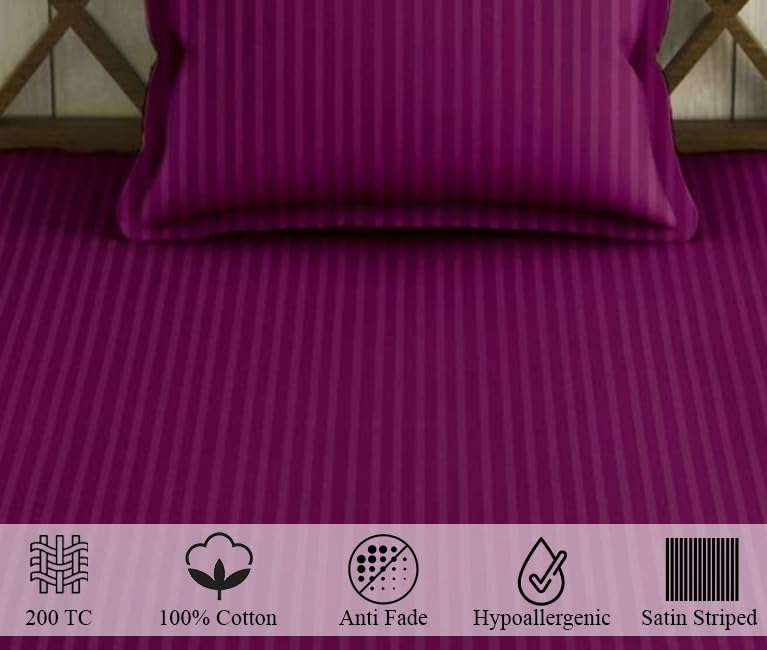Image of Trance Home Linen 100% Cotton 200 TC Satin Stripe Single Bedsheet with Pillow Cover | Fade-Resistant, Soft & Hypoallergenic |Flat Bedspread for Single Mattress - (54 x 90 inch, Deep Wine)