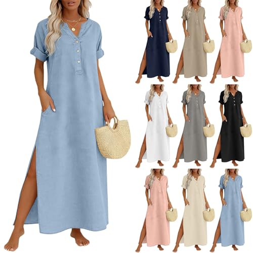 vaolkwsacz Vestidos largos de lino para mujer, vestidos maxi de verano, manga corta, cuello en V, vestidos de camisa, abertura lateral, vestido de lino, vestido de verano monocolor, vestido de verano