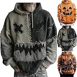 Halloween Patchwork Sweatshirts for Men Funny Pumpkin Face Graphic Hoodies Cozy Knit Hooded Pullover Fall Winter Tops Spooky Vintage Lightweight Plus Size Big and Tall Comfortable Baggy Clothes Black