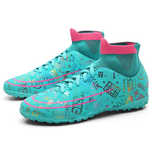 WANMEIL Graffiti Messi Football Boots Turf Indoor Youth Football Shoes High Top Ankle Boots Ground Soccer Shoe For Women/Men/Big Kid (5, Green)