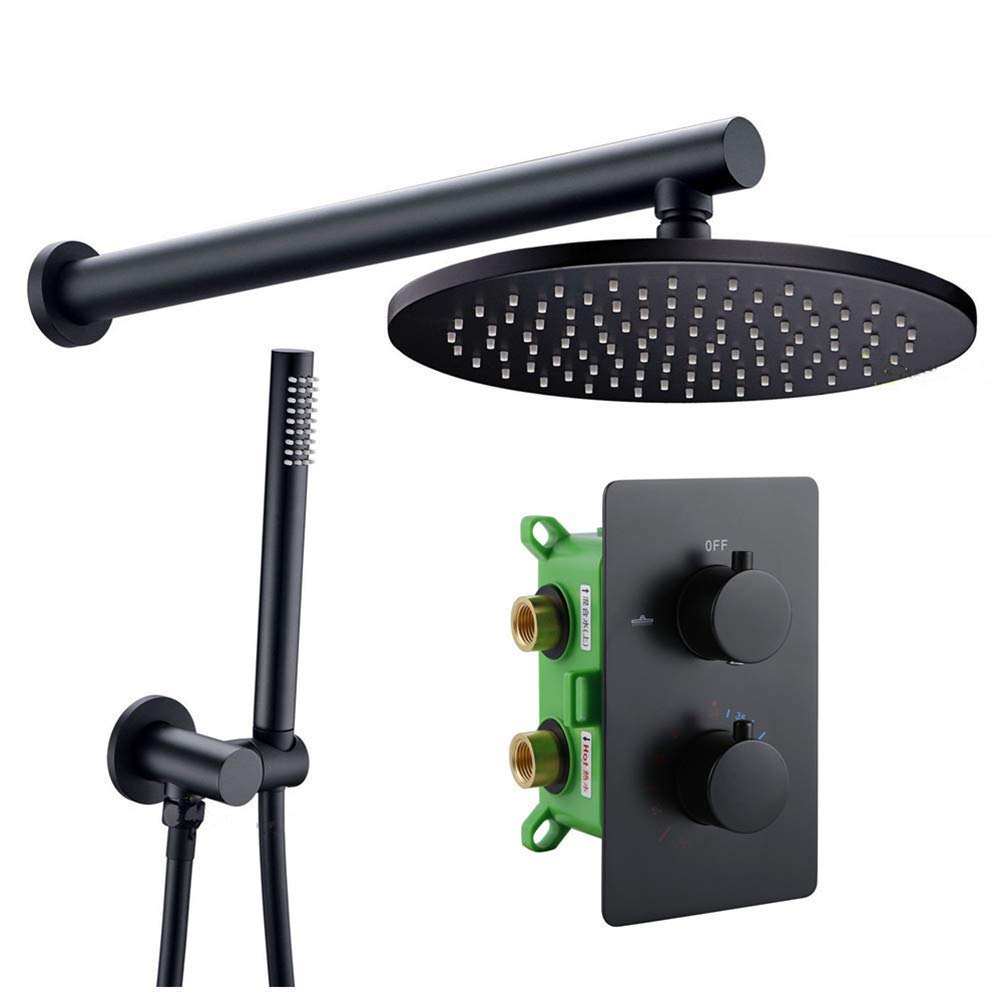 CWCQGH Shower System Solid Brass Valve Concealed Thermostat Trim with Two-Way Volume Control Kit Matt Black Thermostatic Rain Shower Faucet Set,8inch