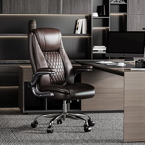 Homy Grigio Ergonomic Office Chair High Back Home Office Desk Chair with Wheels PU Leather Executive Chair Computer Chair with Flip-Up Arms and Adjustable Lumbar Support (Brown)