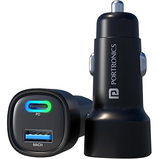 Portronics 80W Dual Output Fast Car Charger with Type-C PD & USB, LED Indicator, Charging Adapter Compatible with Cars for iPhone & Android Smartphone, Smartwatch, Earbud, Power Bank (Black)
