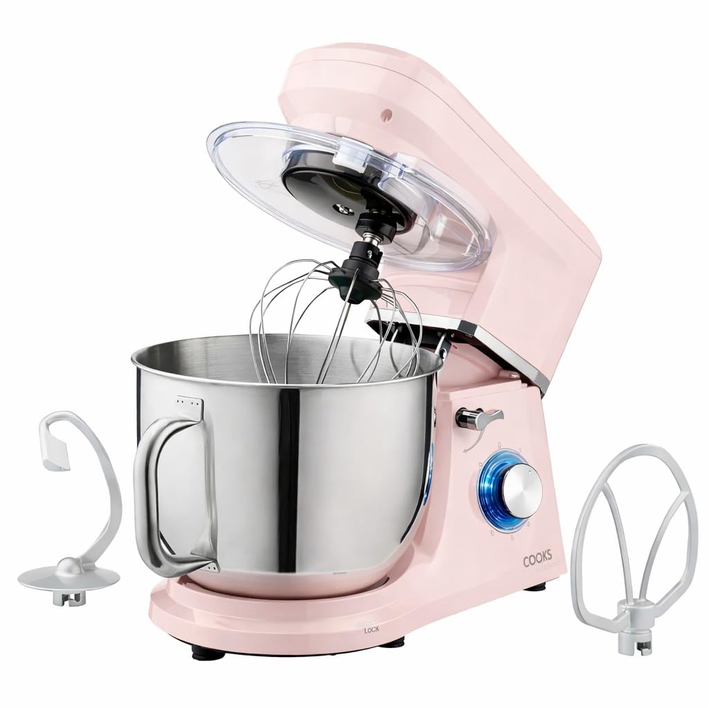Cooks Professional Stand Mixer 1200W with 6 Speeds & Pulse Function, 7L Stainless Steel Mixing Bowl, Splash Guard, Whisk, Beater & Dough Hook | Electric Kitchen Mixer for Cakes, Bread, Baking | Pink