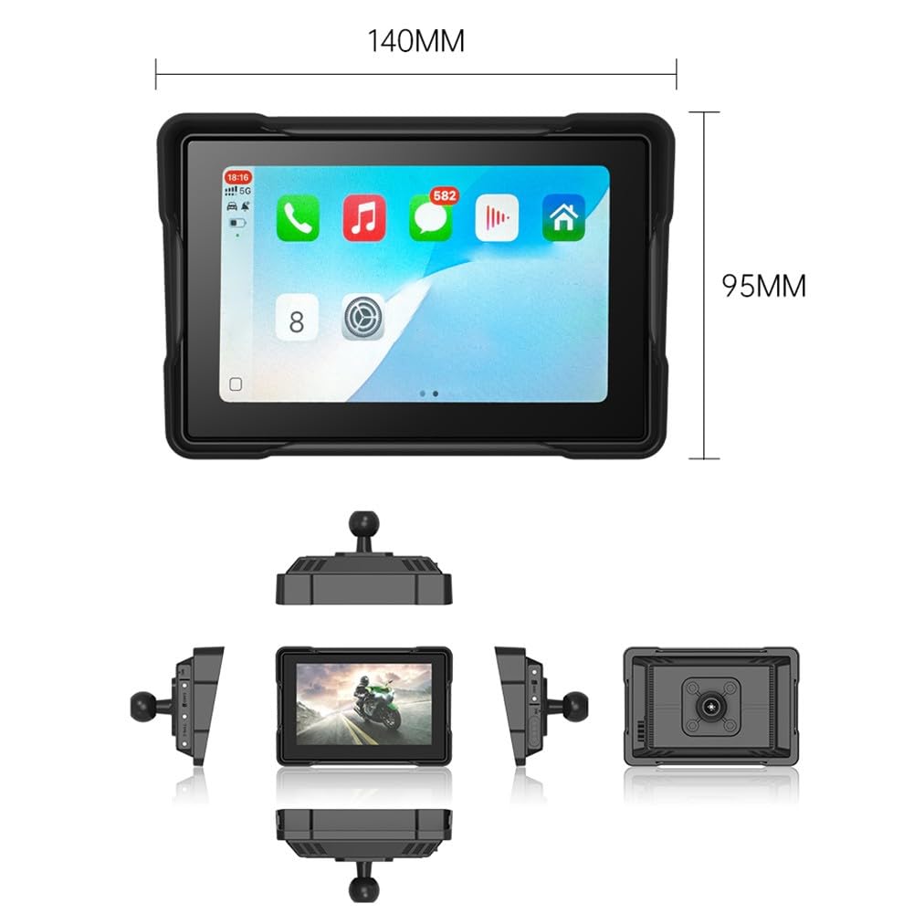 Navigatore per moto da 5 pollici HD Touch Display con IP68 impermeabile cruscotto digitale per CarPlay e Android Auto, nero