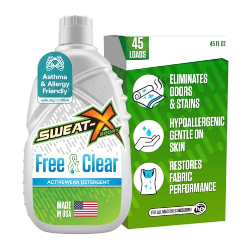 SWEAT X Free & Clear Laundry Detergent Liquid - Organic, Natural Non Toxic Laundry Detergent for Sensitive Skin - Gentle Washing Detergent for Activewear & Performance Fabrics - 45 Loads, 1 Bottle
