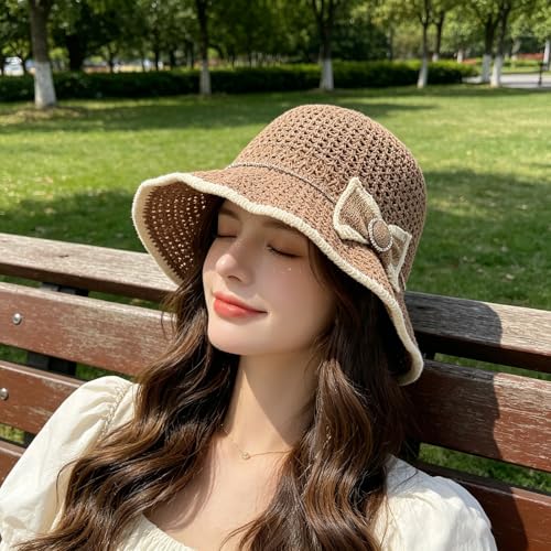 Sombrero Bucket tejido para mujer, plegable, con lazo miniatura 4