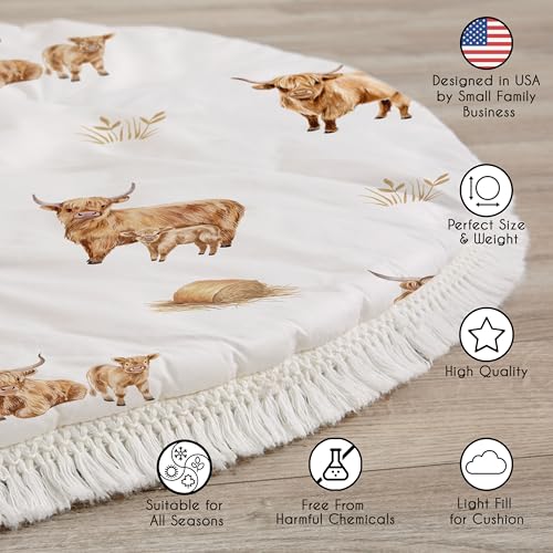 Image of Sweet Jojo Designs Baby Play Mat (Boho Highland Cow) for Girls /Boys, Infant, Toddler Padded Floor Mat, Tummy Time Activity, Newborn Essentials Round Playmat for Babies (Farm Animal, Rustic Farmhouse)