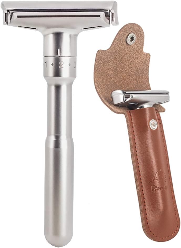 Men's Safety Shaving Razor, River Lake RZ700 Chrome Long Handle Adjustable Double Edge Classic Safety Shaver Razor RZ700 with Leather Protective Sleeve