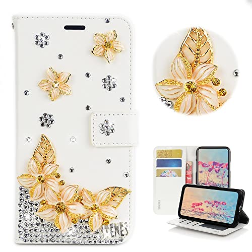 STENES Bling Wallet Phone Case Compatible with LG K52 6.6 inch 2020 Case - Stylish - 3D Handmade Golden Flowers Glitter Magnetic Wallet Stand Leather Cover Case - White