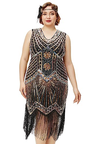BABEYOND Damen Flapper-Kleid, Übergröße, 1920er-Jahre, V-Ausschnitt, Perlen, Fransen, Great Gatsby Kleid, Gold, 3X-Groß