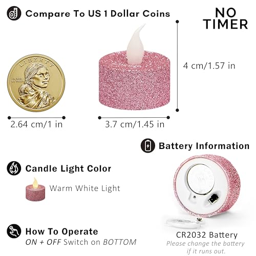 Image of FURORA LIGHTING Pink Glitter Flameless Tealights - 1.45 inch W x 1.57 inch H, 12-Pack, Batteries Included